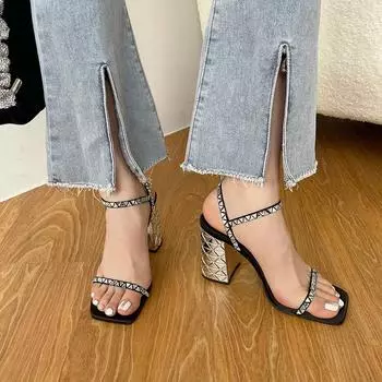 fashion 2024 New Arrivals Open Toe Silver High Heels Elegant Party Pumps Ankle Strap Narrow Band Rhineatone Summer Dress Shoes Woman 40 5.5 чёрный