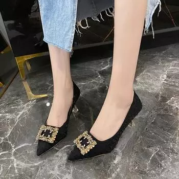 Fashion 2024 New Cream High Heels Spring Daily Wear Bridesmaid Shoes Pearl Small Cat Tail Fairy Women s Single Shoes Rubber Upper 34 чёрный