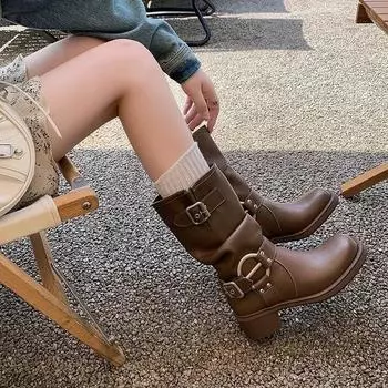 Fashion 2024 New Knee High Platfrom Studded Spring Summer Knight Combat Gothic Elegant Medium Heel Women s Shoes Motorcycle Footwear 35 коричневый