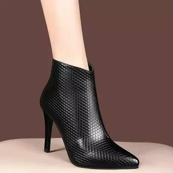 Fashion 2024 New Leather High Heels Autumn Winter Side Zipper Women s Boots Pumps Party Office Lady Shoes Woman 34 чёрный