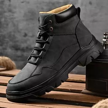 Fashion 2024 New Leather Lace-Up Ankle Boots All-match Male Comfortable Hiking Shoe Outdoor Sneakers Men Non-Slip Walking Shoes for Men 38 серый