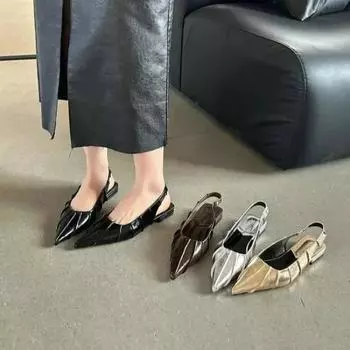 Fashion 2024 New Spring and Summer Fold Half Drag Flat Shallow Mouth Pointed Sandals Soft Flat Shoes Women s Single Shoes 35 чёрный