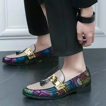 Fashion 2024 New Spring Tassel Men s Shoe Golden Nightclub Casual Shoes Loafers Mens Shoes Slip-on Comfort Shoes Fashion Trends for Men 38 золотой