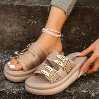 fashion 2024 New Summer Slipppers Style Comfortable Thick-soled Wear-resistant Sexy Belt Buckle Outer Wear Beach Flip-flops Sandals Shoe 36 бежевый