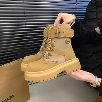 fashion 2024 New Winter Platform Women Short Boots Fashion Ladies Elegant Lace Up Ankle Boot Outdoor Thick Bottom Motorcycle Boots 35 чёрный