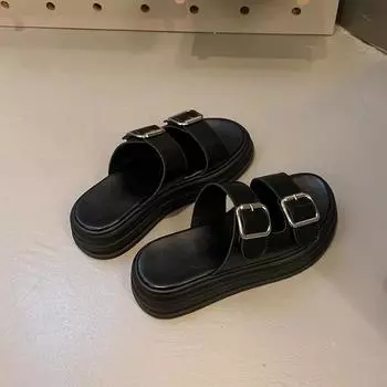 Fashion 2024 NEW Women s Buckle Strap Casual Open Toe Flat Comfortable Summer Slippers 35 бежевый