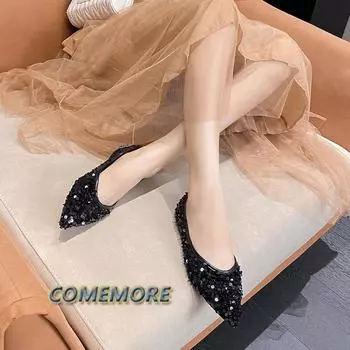 Fashion 2024 New Women s Shoes Pointed Casual Shallow Mouth Ballet Flat Fashion Designer Luxury Sequins Loafers Non-slip Female Spring 34 чёрный
