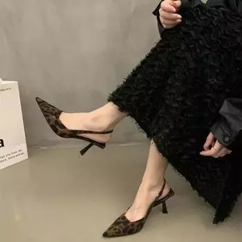 Fashion 2024 Spring and Summer New High-heeled Women s Shoes Fashionable Pointed Toe Sexy Stiletto Heels Leopard Print Women s Shoes 35 чёрный