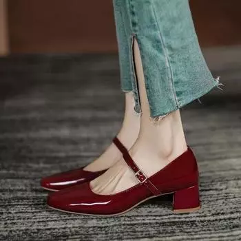 Fashion 2024 spring new fashion comfortable mid-heel casual round toe square heel women s loafers 35 вино красного