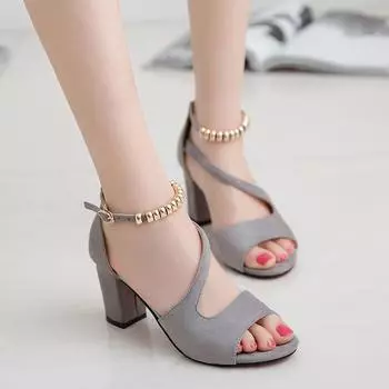fashion 2024 Spring Summer Sexy Fish Mouth Hollow Roman Sandals Thick With Word With Beaded High Heels Female Summer Sexy Female Sandal 34