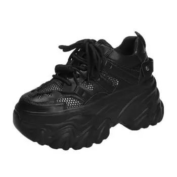 Fashion 2024 Summer Breathable Mesh Sneakers 8CM Hidden Heels Spring High Platform Sports Dad Shoes Woman Wedges Casual Chunky Sneakers 34 чёрный