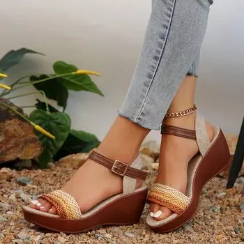 Fashion 2024 Summer High-quality Women s Shoes Fashion Open-toe Leopard Print Color Wedge One-line Buckle Women s High-heeled Sandals 36
