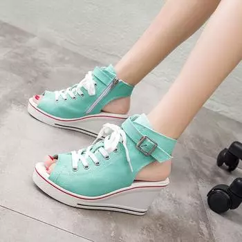 fashion 2024 Summer New High-Top Canvas Shoes Women Open Toe Casual Sandals Wedge Fish Mouth Shoes Ladies Platform Heels Hollow Pumps 35 чёрный