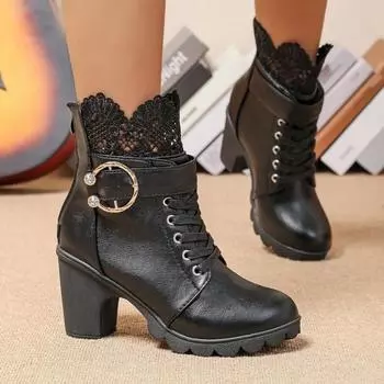 Fashion 2024 Winter High Quality Women s Shoes Fashion Pointed Toe Solid Color Zipper Short Barrel Metal Buckle Women s Fashion Boots 35 чёрный