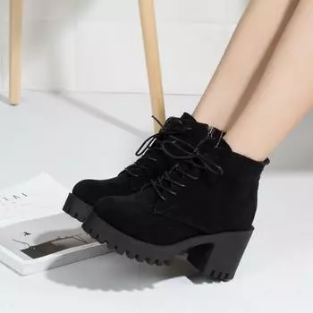 Fashion 2024 Winter New Lace Up Coarse Heel Short Boots Side Zipper Large 41 Women s Shoes Cotton Shoes 35 чёрный