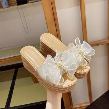 Fashion 2024 Women s Summer Bowknot Rubber Flip Flops Platform Slippers 35 бежевый
