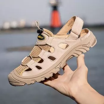 Fashion 2024Men s Work Sandals Leather Male Slippers Men s Summer Shoes Breathable Beach Outdoor soft soledlack sport hiking 38 серый
