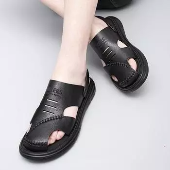 Fashion 2024Summer Black/Brown Beach Slippers Cowhide Sandals Breathable Shoes Men Baotou Sandals Genuine Leather Non-Slip Outdoor Shoes 38 коричневый