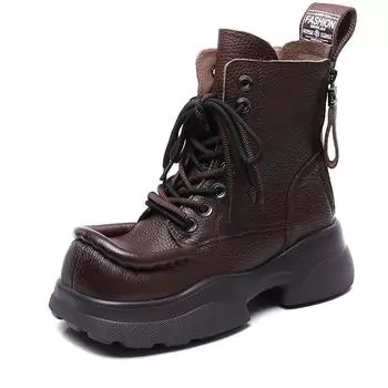 Fashion 5.5cm Women Boots ZIP Platform Moccasins Retro Autumn Winter Plush Spring Shoes Cow Genuine Leather British Wedge Ankle Ethnic 35 чёрный