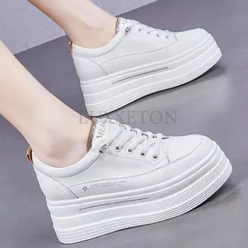 fashion 6.5cm Genuine Leather Autumn Spring Platform Wedge Flats Breathable Sneaker Chunky Casual Women Rhinestone Moccasins Shoes 35