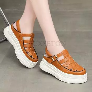 fashion 6cm Platform Genuine Leather Women Summer Shoes Slippers Wedge Sandals for Female Slip on Beach Summer Fashion Ladies 34 хаки