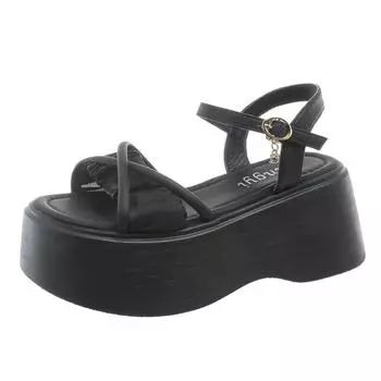 Fashion 7.5cm PU Microfiber Synthetic Leather Flats Women Slippers Pumps Platform Wedge BUCKLE Summer Peep Toe Fashion Sandals Shoes 35 бежевый