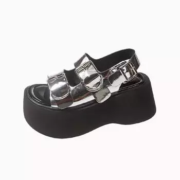 Fashion 7CM Thick Platform Open Toe Sandals Women 2024 Summer New Fashion Female Metal Silver Belt Buckle A Word Roman Sandals Women 35 чёрный