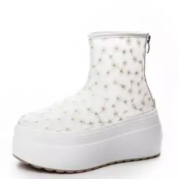 Fashion 8cm Air Mesh Breathable Motorcycle Ankle Boots Shoes Ladies ZIP Boots Woman Fashion Sandals Embroider Flower Summer Hollow 33 розовый