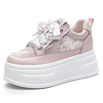 Fashion 8cm Air Mesh Lace Genuine Leather Synthetic Chunky Heels Comfy Platform Sandals Breathable Pumps Summer Vulcanize Spring Shoes 34 розовый