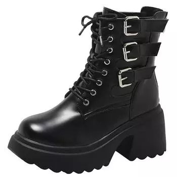 Fashion 8cm Heel Fashion Punk Ankle Platform Motorcycle Boots Women Lace Up Chunky Heel Belt Buckle Pocket Designer Shoes Women Boots 34 чёрный