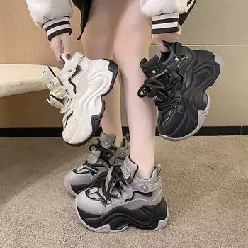 Fashion 8CM Thick Bottom Chunky Sneakers 2024 New Autumn Women High Platform Sports Shoes Woman Casual Wedges Leather Dad Shoes Footwear 34 серый