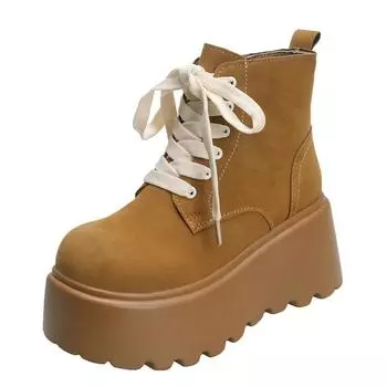 Fashion 8CM Women Flock Ankle Boots Winter Warm Fur Chunky Sneakers Lace Up Non-Slip Punk Shoes Breathable High Platform Motorcycle Boot 34 жёлтый