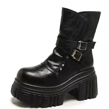 Fashion 9CM Desinger Knight Women Leather Mid Calf Boots Chunky High Heeled Platform Punk Motorcycle Booties Goth Street Shoes For Women 34 чёрный