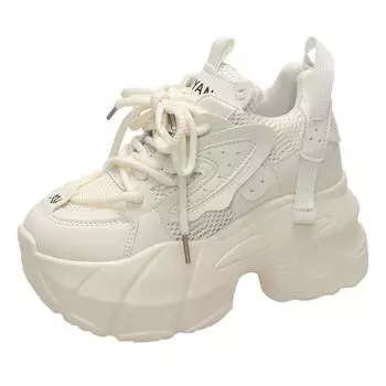 Fashion 9cm Women High Platform Non-slip Sneakers 2024 Spring Vulcanized Shoes Thick Sole Leather Casual Shoes Chunky Dad Sport Sneakers 34 белый