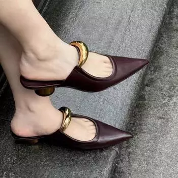 Fashion AJGS Luxury Slides New Designer Thin Heels Pointed Toe Med Female Shoes Ladies Slippers Low Shallow Mules for Women Fashion 35 вино красного