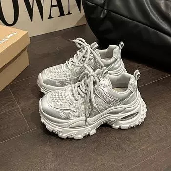 Fashion and comfortable versatile muffin shoes women s casual platform heightening summer new rhinestone mesh sneakers 35