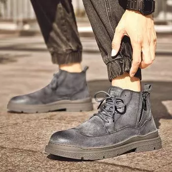 Fashion Ankle Boots Warm Winter Cowboy Leather Men Boots Comfort High Top Shoes Outdoor Anti-slip Wearable Shoe Travel Side Zipper Boots 38 серый