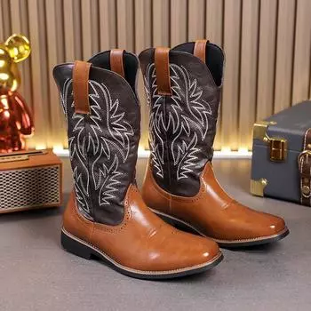 Fashion Autumn and Winter Brown Men s Western Boots Big Size 48 Quality High Leather Boots For Men Design Embroidered Cowboy Boots Man 38