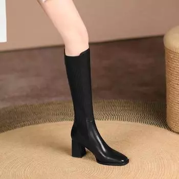 fashion Autumn and Winter Knitted Boots for Women New Knee-high Socks Shoes for Women Fashionable Slip-on High Heels Retro Elastic Boots 35 чёрный
