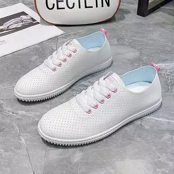 Fashion Autumn New Flat Single Shoes for Women Fashion Round Head Porosity Lacing Soft Sole Non-slip Low-top Shoes 35 розовый