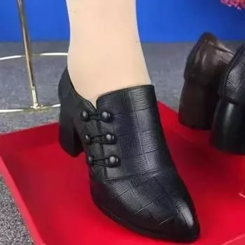 Fashion Autumn New High Heels Soft Leather Breasted Low Top Heeled Shoes Dress Women s Pointed Toe Shoes Retro Mom Shoes Zapatos Mujer 35 бежевый