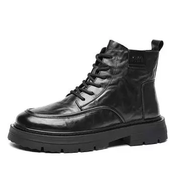 Fashion Autumn Winter Fleece High-top Leather Boots for Men Fashion Casual Work English Style Warm Cotton Boots Platform Shoes Male 38 чёрный