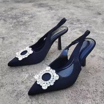 fashion Baotou high heels with black pointed single shoe sandals on the back strap, women s summer slim heels 2024 new model 35 чёрный