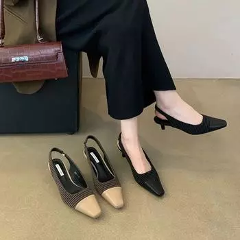fashion Black Brown Women Sandals Round Toe Summer Dress Shoes Thin Mid Heels Elastic Back Strap Fashion Slides Mules Shoes Size 35-39 5.5 чёрный