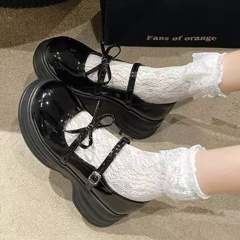 fashion Black Chunky Platform Mary Jane Shoes for Women 2024 Autumn Patent Leather Pumps Woman Thick Bottom Bowknot Lolita Shoes Ladies 36 чёрный