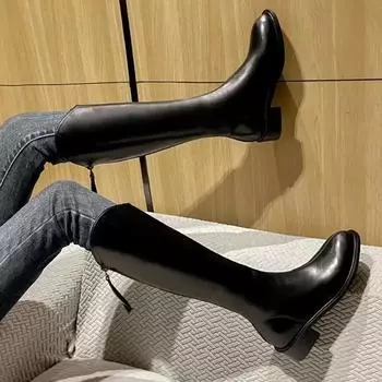 Fashion Black Footwear Brown Middle Heel Long Shoes for Woman Pointed Toe Winter Knee High Shaft Leather Women s Boots Pu Y2k Quality 39 35