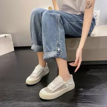 Fashion Black Mesh Breathable Canvas Shoes For Women Whit Woman Footwear Flat Original Offers Chic Elegant 2024 New Urban Trends In 35