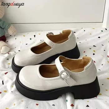 Fashion Black Retro British Style Small Leather Shoes Women Super High Heels Loafers Woman College Jk Uniform Shoes Mary Janes Shoes 4.5 бежевый