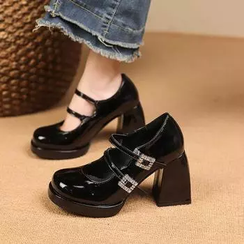 Fashion Bling Double Crystal Square Buckle Straps Block Heel Pumps Women Mary Jane shoes Elegant French Square Heel Wedding Party Sandal 34 бежевый