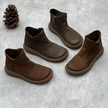 Fashion Booties Cowhide Flat Vintage Leather Vintage Brown Zipper Old Man Shoes Winter Women s Shoes Riding Boots Ankle Boots 35 серый
